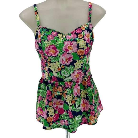 Lilly Pulitzer Babydoll Cami Top Sz 2 Green Floral Zip Smocked Peplum Resort - Picture 1 of 13